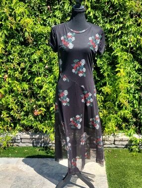 Desigual Black Floral Y2K Sheer Mesh Overlay Maxi Dress L